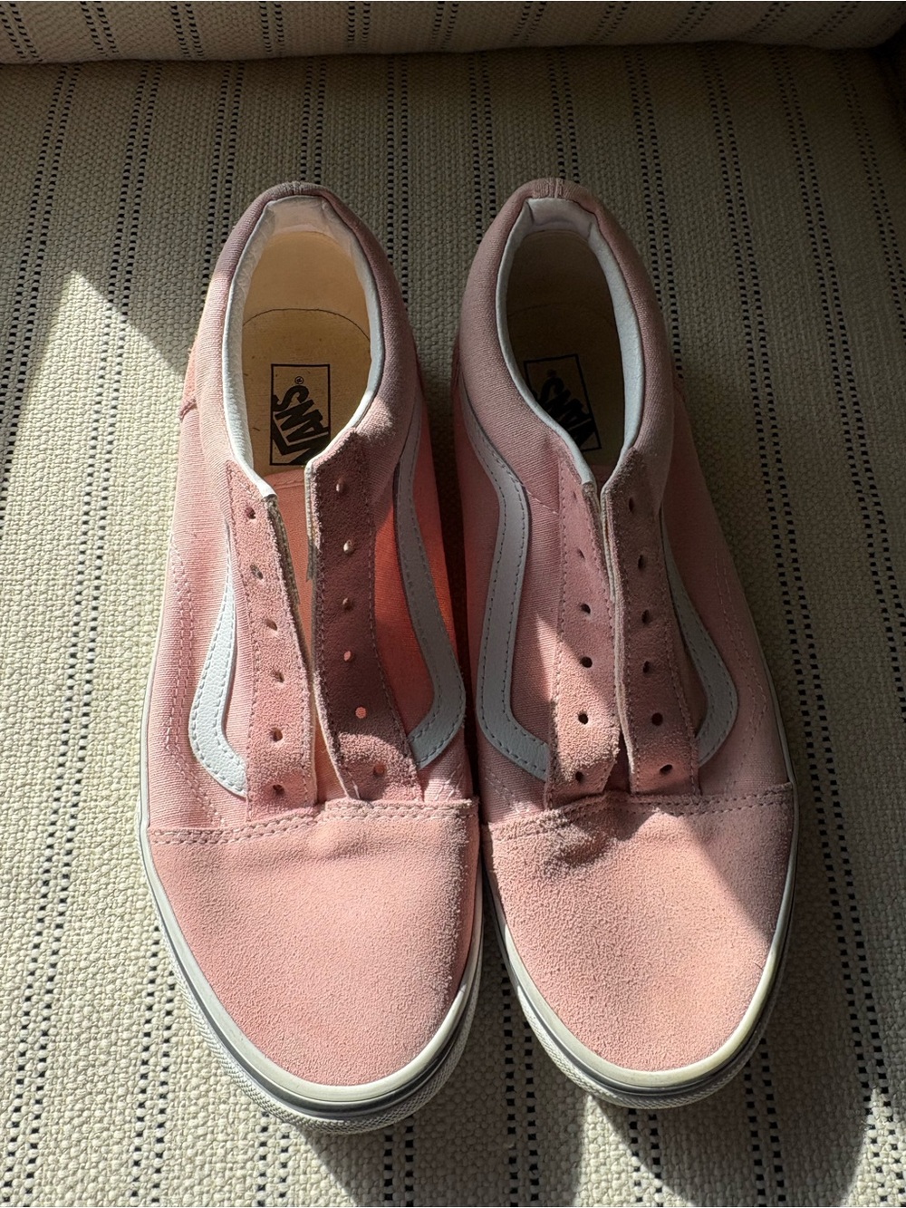 Girls Pink Suede Old Skool Slip-On Van Sneakers with White Stripe